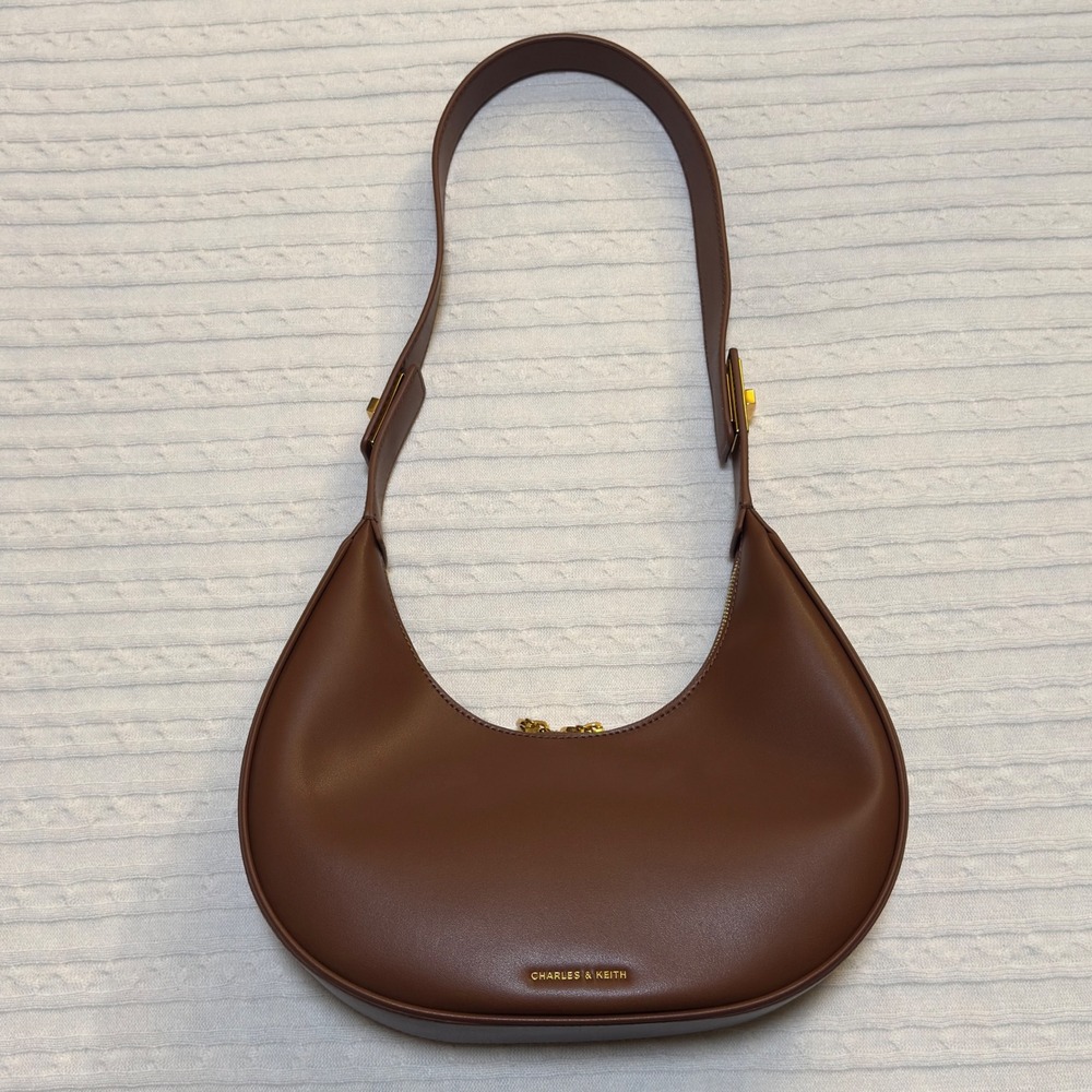 Charles & Keith Brown Curved Shoulder Hobo Bag Gold Hardware 3-in-1
